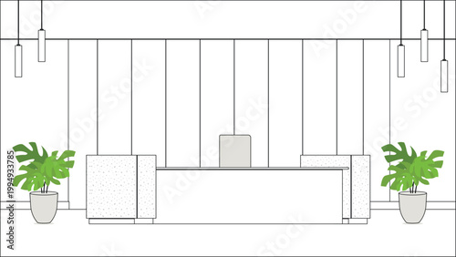 Modern Office Reception Line Art Minimal Lobby Interior with Desk, Plants and Pendant Lights Outline Illustration