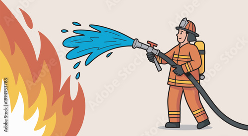Firefighter extinguishing fire, protective gear spraying water on large burning flames emergency rescue concept vector illustration