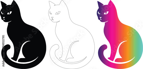 Sitting Cat Vector Set with Solid Black Silhouette, Outline, and Colorful Rainbow Gradient