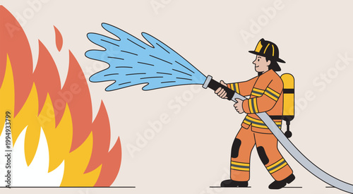 Firefighter extinguishing blaze, protective equipment water hose action fighting large fire emergency rescue concept illustration