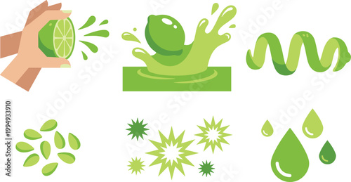 Fresh Lime Juice Splash Vector Set with Citrus Squeeze, Liquid Waves, Seeds, Drops, and Abstract Green Elements for Food and Beverage Design