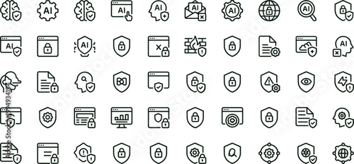 Artificial intelligence security protection outline icon set featuring privacy authentication monitoring shield vector collection for dashboards interfaces presentations applications platforms