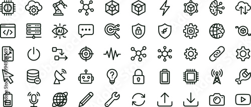 Artificial intelligence technology outline icon set featuring automation neural network interface system elements vector collection for dashboards presentations applications platforms