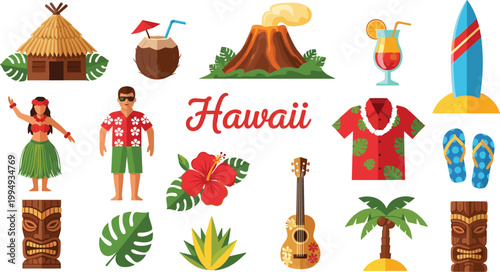 Hawaii Tropical Vacation Vector Set Featuring Volcanic Eruptions Hula Dancers Tiki Masks Palm Trees and Exotic Cocktails for Island Travel and Summer Beach Holiday Designs