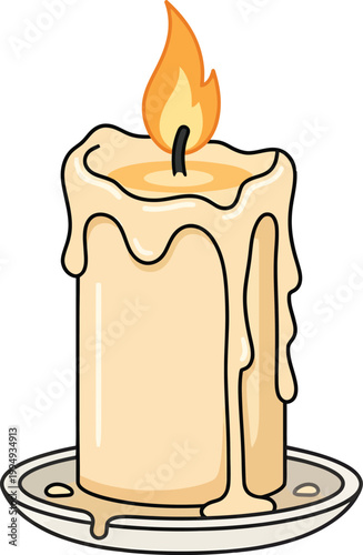Lit candle with melted wax on a plate for decoration or ambiance creation