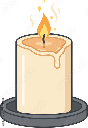 Lit beige candle on gray holder with melting wax and flame for decoration or ambiance