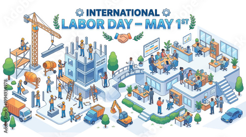 International Labor Day May 1st Vector Illustration with Workers on Construction Site and Office Banner