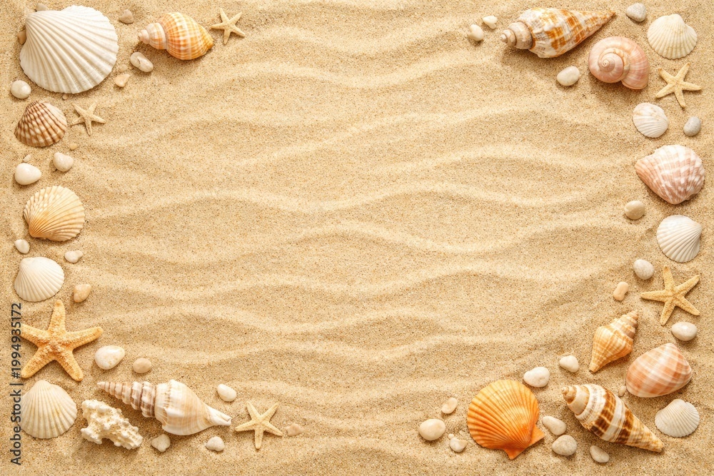 Obraz premium A frame of various seashells, starfish, and small pebbles arranged on a background, of rippled golden, beach sand with, a central empty, copy space area