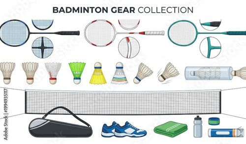 Badminton Sport Gear Collection Vector Rackets Shuttlecock Equipment EPS 10