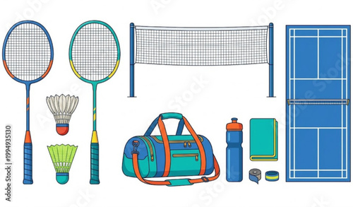 Badminton Equipment Set Vector Illustration Racket Shuttlecock Sport Elements EPS 10