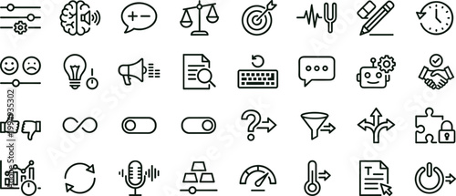 Decision making workflow outline icon set featuring analytics communication strategy productivity evaluation vector collection for dashboards interfaces presentations applications