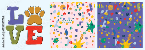 Cute cartoon childish lettering Love Dog with seamless colorful pet paw pattern on pink. Cat and dog footprint outlines with dots, playful kid fashion textile vector design for stickers and prints.