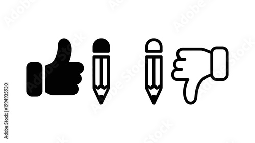 Thumbs up and thumbs down with pencils icons feedback decision evaluation approval rejection comparison