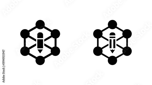 Pencil in hexagon network structure icon with structure creation connection communication information