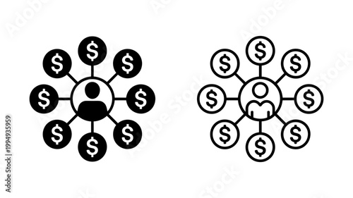 Person connected to multiple dollar signs representing income or financial network business connection