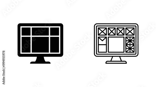 Web design wireframe layout on computer monitor icon set with wireframe computer interface template
