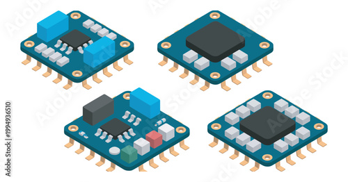 Microcontrollers vector illustration featuring various configurations of electronic boards with colorful components, bright studio lighting effect, and modern electronics manufacturing and embedded