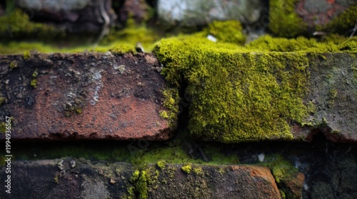 A close-up of a weathered brick wall adorned with vibrant green moss, showcasing the contrast between natural growth and human-made structures.