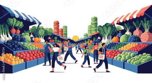 Vibrant farmers market scene with diverse people shopping for fresh produce