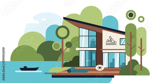 Modern house by serene lake with boat and trees