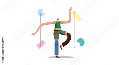 Man balancing on one leg with arms outstretched in colorful illustration