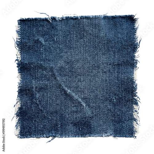 Distressed square blue denim patch with frayed edges