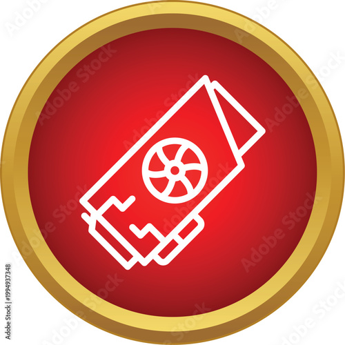 White outline illustrating a computer video card with fan on a red circular background