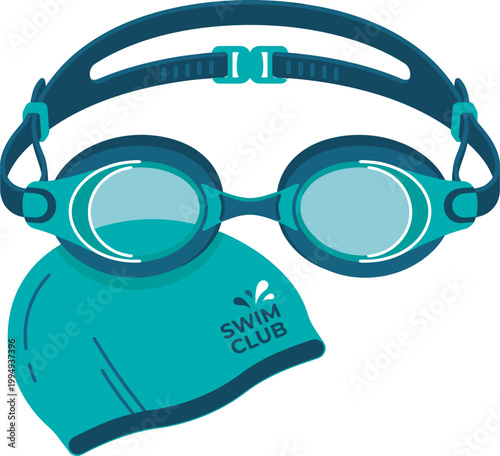 Professional flat vector illustration of teal swimming goggles and a silicone swim cap featuring a Swim Club logo. High-quality aquatic sports equipment icon for fitness and competitive training.