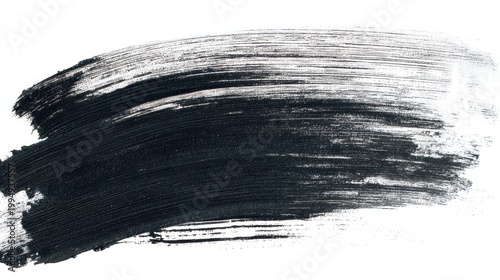 The image features an abstract black brush stroke on a white background, showcasing an artistic representation with dynamic textures and movement.