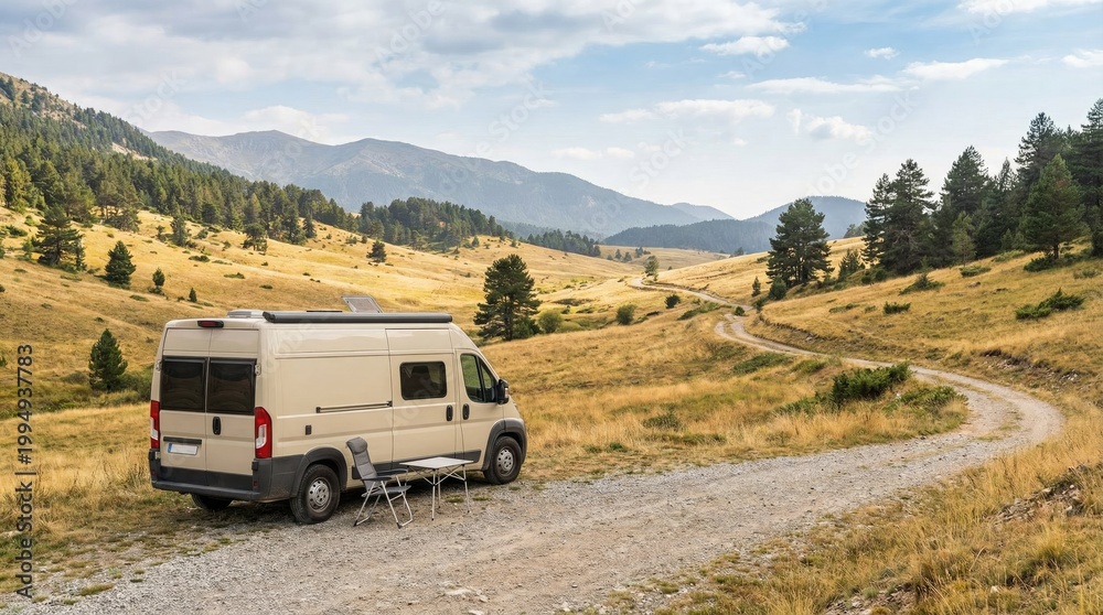 Naklejka premium Beige camper van parked on a gravel road in a vast mountain valley with dry yellow grass and distant rolling hills under a cloudy blue sky in autumn