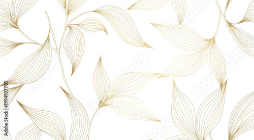 Golden line art leaves pattern on elegant floral seamless background with gold leaf outlines luxury botanical design