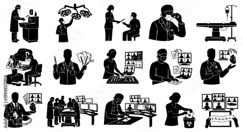 A comprehensive collection of black and white silhouette icons depicting various medical professionals, procedures, and advanced healthcare technology in a modern hospital setting.