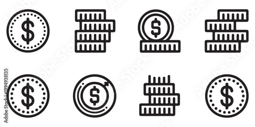 Set of detailed dollar coin and money stack icons for financial concepts