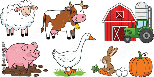 Farm animals and countryside elements set with cow sheep pig goose rabbit tractor and red barn house