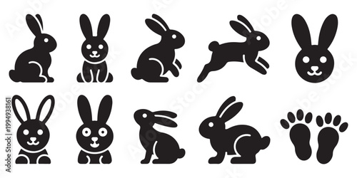 Collection of Bunny Rabbit Silhouettes and Footprints