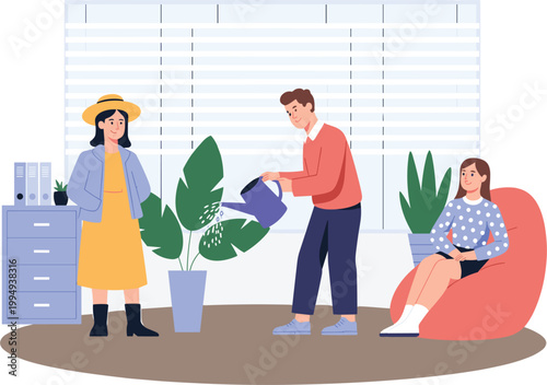 People taking care of indoor plants in modern office, workspace wellness and comfortable interior environment vector