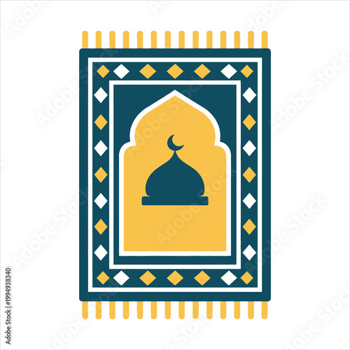Islamic prayer rug with dome and crescent moon motif during worship Vector Illustration Isolated on white background