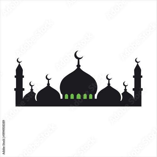 Mosque silhouette with domes and minarets during twilight Vector Illustration Isolated on white background
