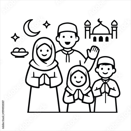 Muslim family celebrating Ramadan greeting with mosque and crescent moon Vector Illustration Isolated on white background