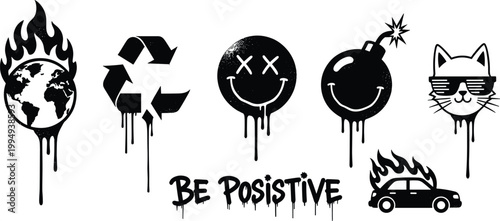 Street art graffiti style dripping icons featuring burning globe melting smiley faces and car fire