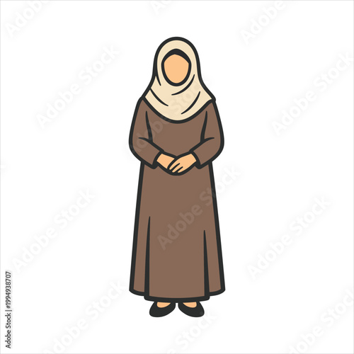 Muslim woman in traditional modest attire standing calmly Vector Illustration Isolated on white background