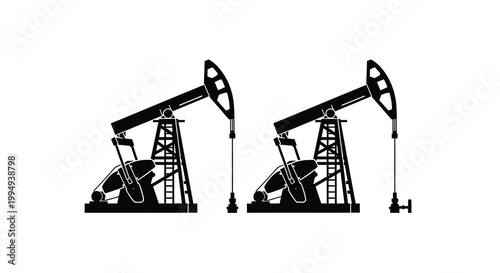 A stark black and white illustration depicts two oil pumps or derricks against a plain white background