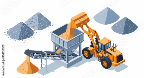 Isometric Wheel Loader Dumping Sand into Hopper with Conveyor Belt, Industrial Mining and Construction Equipment Illustration on White Background