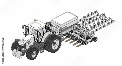 Precision Farming Illustration: Modern Tractor with Seeding Machine and Planter Attachment in Field