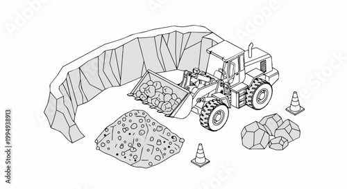 Isometric Wheel Loader Line Art Illustration, Heavy Construction Machinery and Quarry Scene Vector