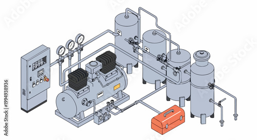 Isometric Industrial Air Compressor System with Storage Tanks, Piping, and Control Panel Illustration