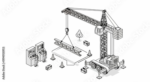Isometric Line Art Construction Site with Mobile Crane and Operators Lifting Steel Beam