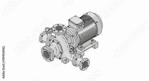 Industrial Centrifugal Pump with Electric Motor Isometric Technical Illustration, Mechanical Engineering Concept on White Background