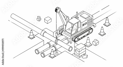 Isometric Pipeline Construction Site Line Art Illustration featuring Heavy Machinery, Industrial Pipes, and Infrastructure Development Concept
