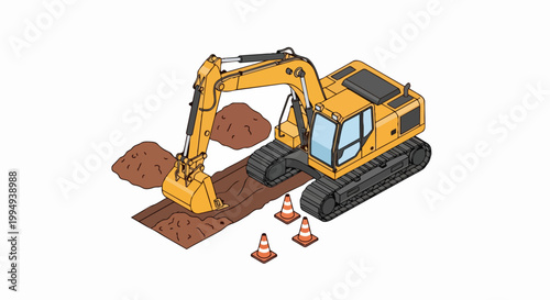 Isometric Yellow Excavator Digging a Trench with Traffic Cones, Heavy Construction Machinery Vector Illustration Isolated on White Background